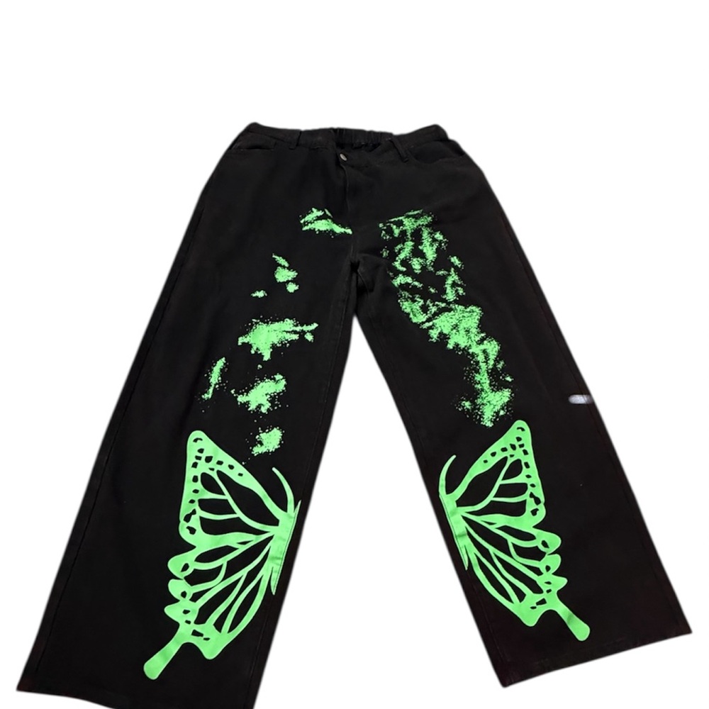 Black denim jeans with Green Butterfly Design - Picture 3 of 3